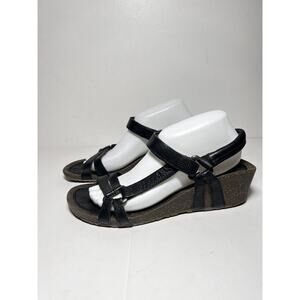 Teva EUC Black Leather Ventura Casual Strappy Adjustable Cork Heel Sandal 9.5